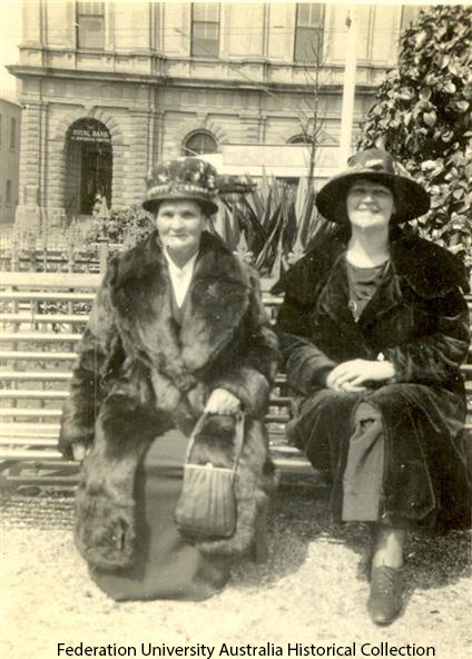 Two women seated in the Sturt St Gardens (FedUni Historical Collection (w credit)
