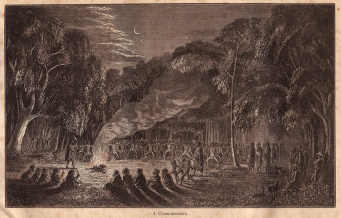 Line image of Corroboree of Victoria Aborigines "A Coroboree" source Ballarat Heritage Services