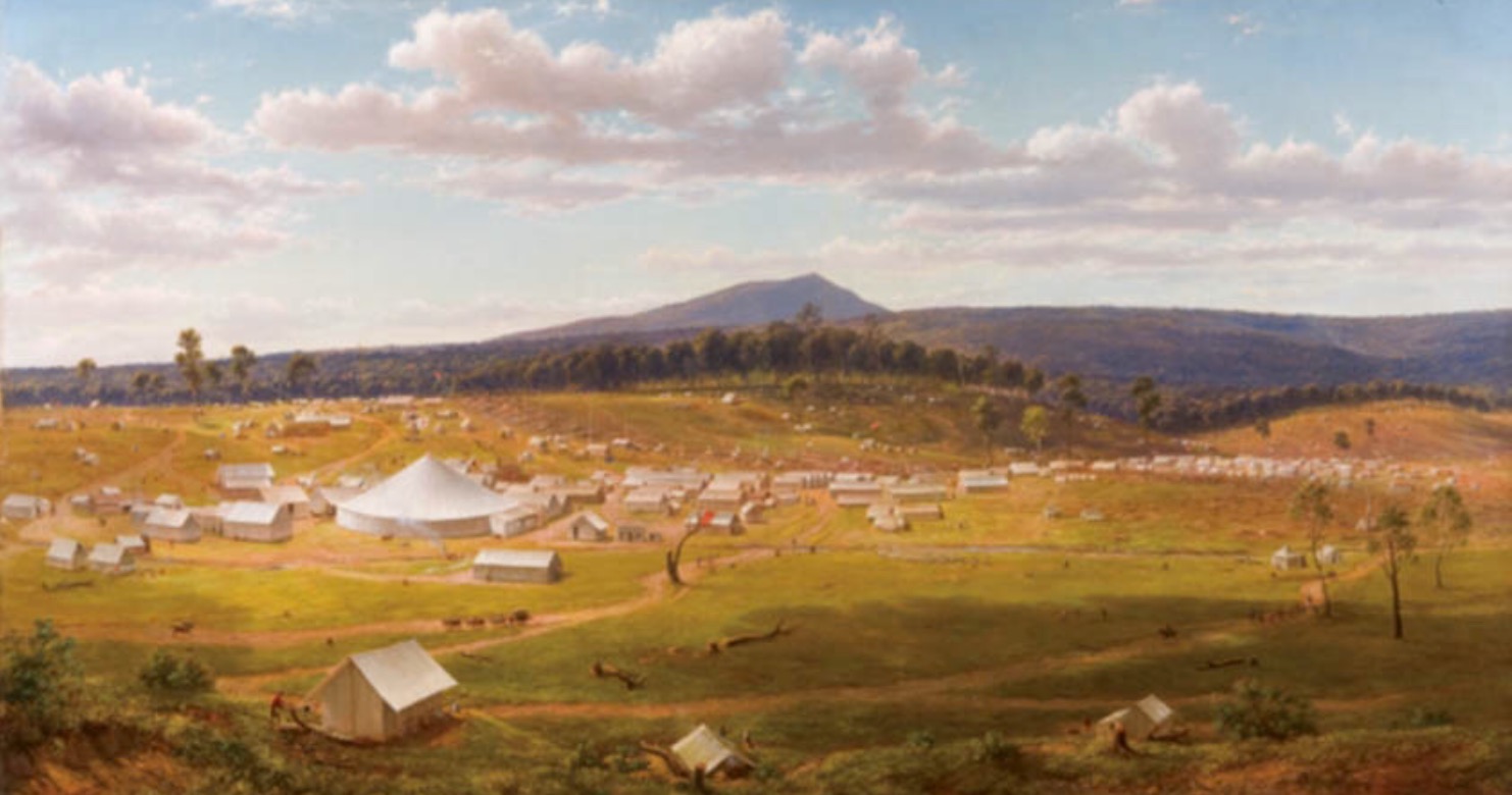 Ballarat in 1853-4, painting by Eugene von Guerard featuring Jones & Noble's Circus Tent source Art Gallery of Ballarat