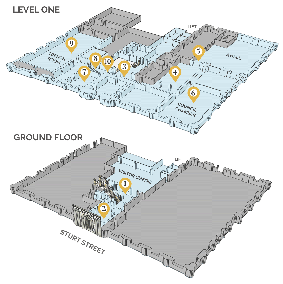 Plan of Town Hall showing audio tour stops