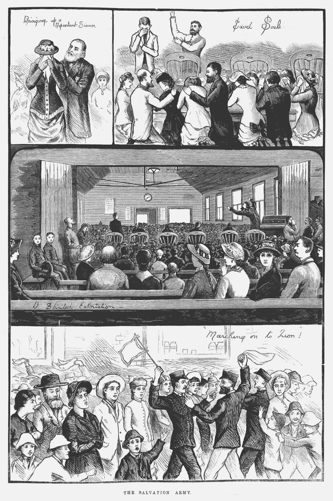 Series of illustrations showing the Salvation Army in Action