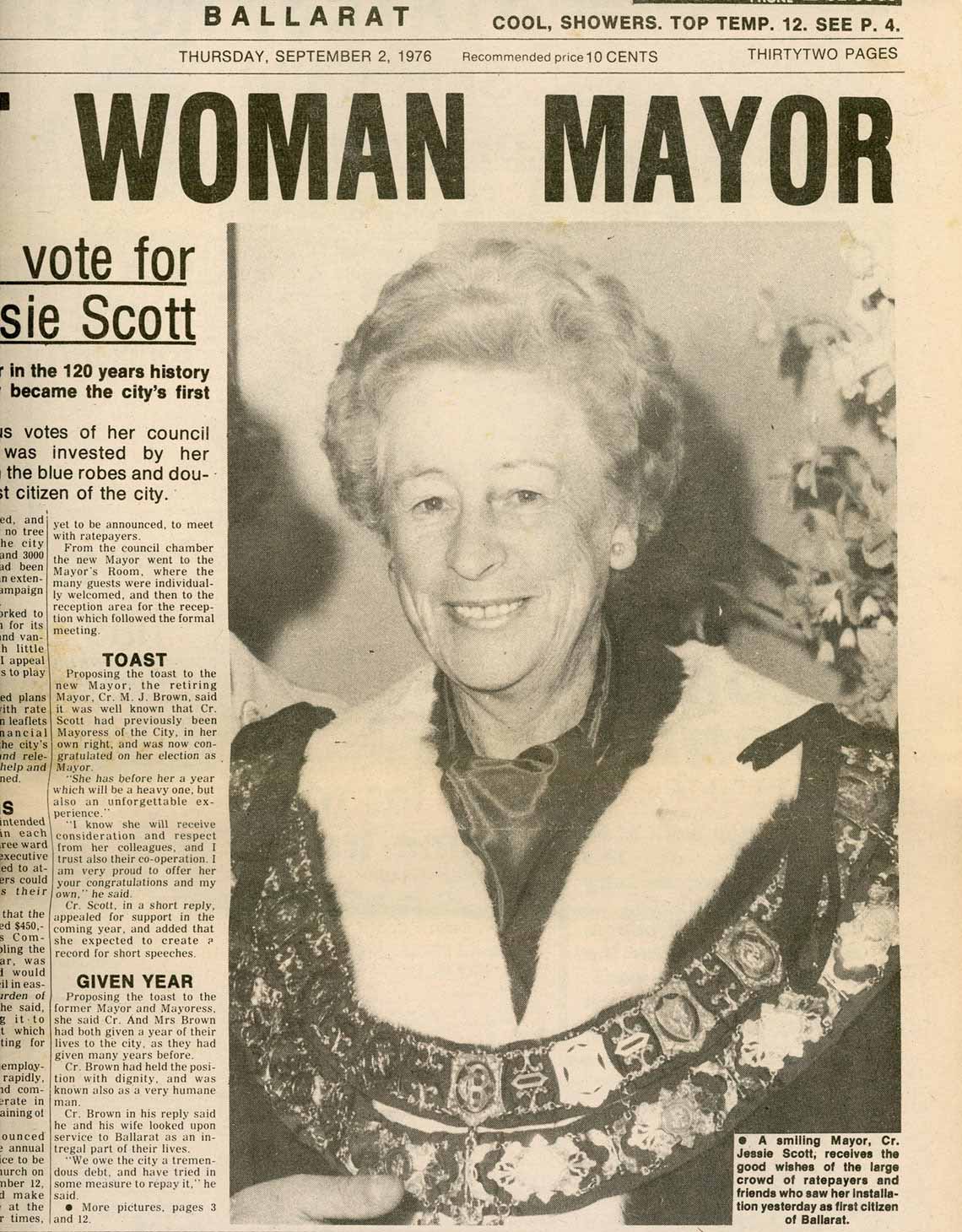 Newspaper clipping with title Women Mayor, showing photo of Mayor Jessie Scott in mayoral robes