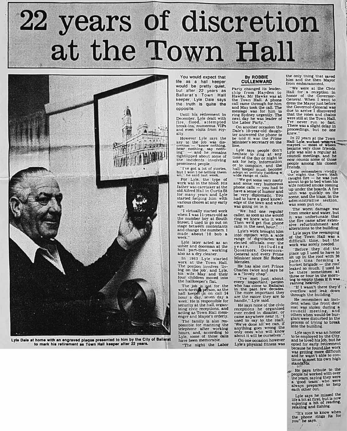 Newspaper clipping titled 22 years of Discretion at Town Hall, showing article and photograph of hallkeeper Lyle Dale